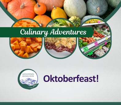 Culinary Adventures Oktoberfeast graphic with a photo of squash in a circle with a green border at the top, and images of squash, mustard-crusted beef, and a grocery store produce aisle underneath and overlapping in ovals with green borders. A banner reads Culinary Adventures, and below is the word Oktoberfeast with the MRC logo.